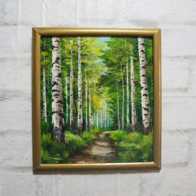 油絵 油彩 油彩画 絵画 絵【白樺林道】 | iichi 日々の暮らしを