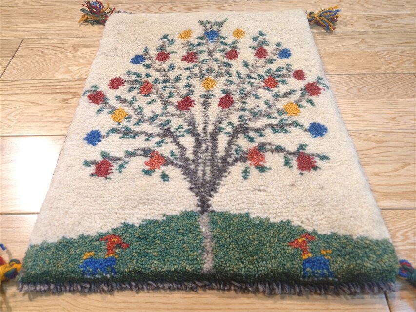 ペルシャ ギャッベ 玄関マット小 ラグ 53.5x42.5cm アイボリー 緑色