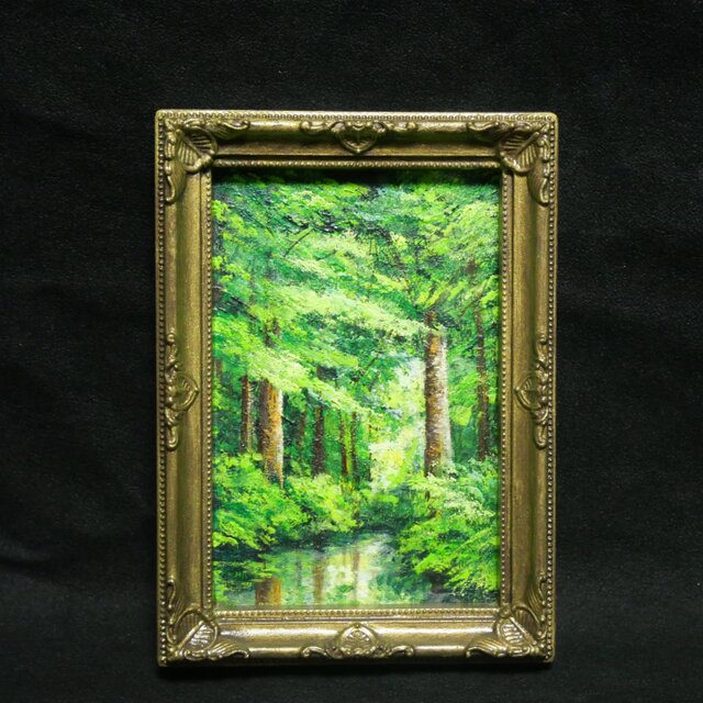 油絵  ミニ絵画【新緑の森】