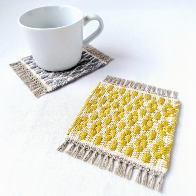 北欧手織り:2枚セットローゼンゴン織りコースター（イエロー、グレー）
