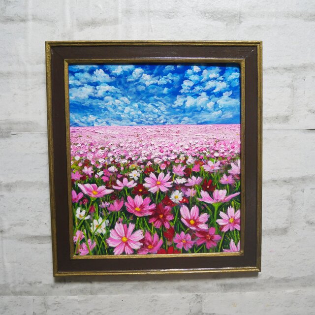 油絵【秋空とコスモス】