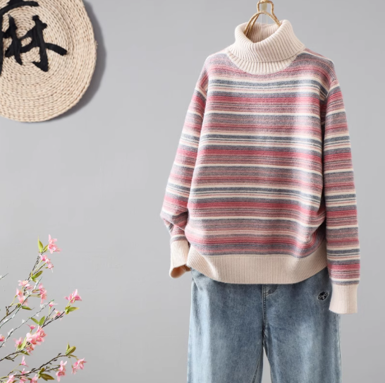 【受注】 冬 カラフルストライプ ニット セーター オーバーサイズ ボリュームスリーブ 暖かい アウター