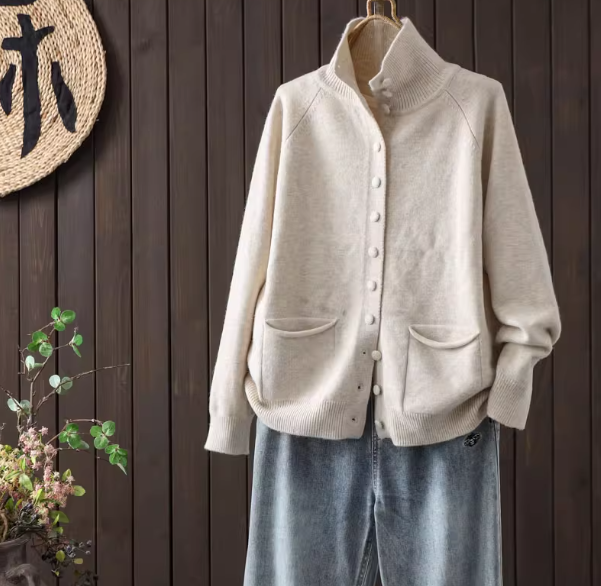 【受注】 スタンドカラー ストライプ ニットセーター オーバーサイズ ゆったり 秋冬 ボリュームスリーブのコピー