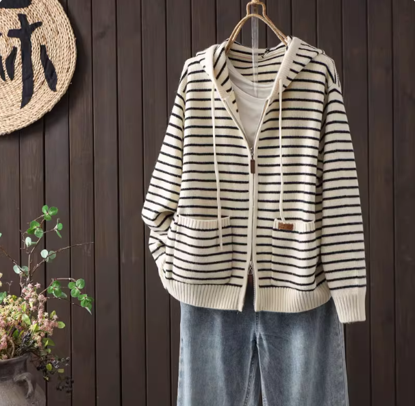 【秋冬の新作】 ストライプ フーディーニット ジップアップ オーバーサイズ 防寒 アウター 秋冬