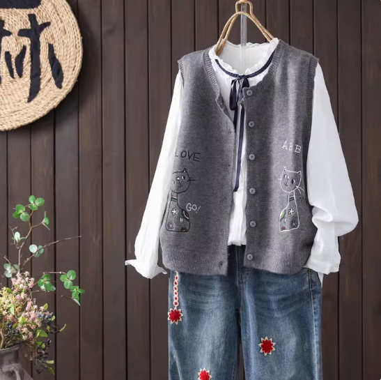 【受注】ニットベスト 秋冬  通勤 ゆったり 肌触り 良い かわいい レトロ ジャカード 編み  カジュアル トップスのコピー