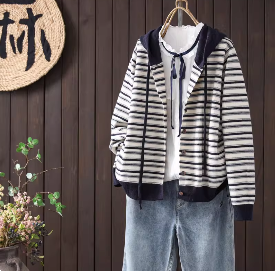 【受注】綿.  ストライプ フーディーニットカーディガン ロングスリーブ オーバーサイズ シングルボタン 秋冬 ショートアウター