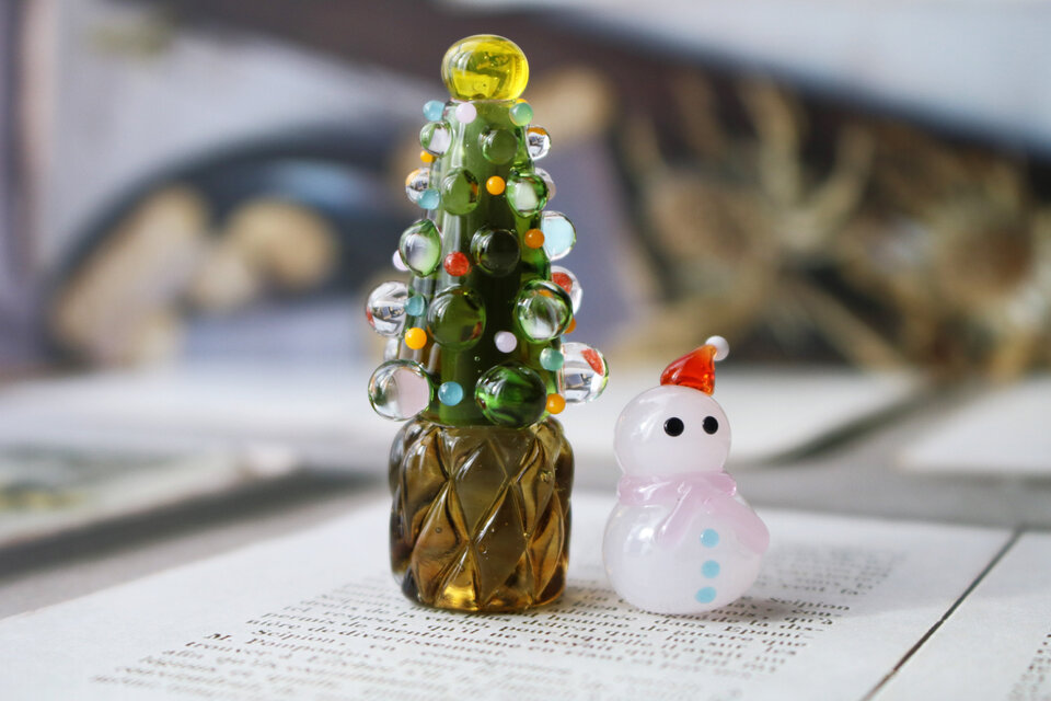 ガラスのミニチュアクリスマス★ツリーと雪だるま