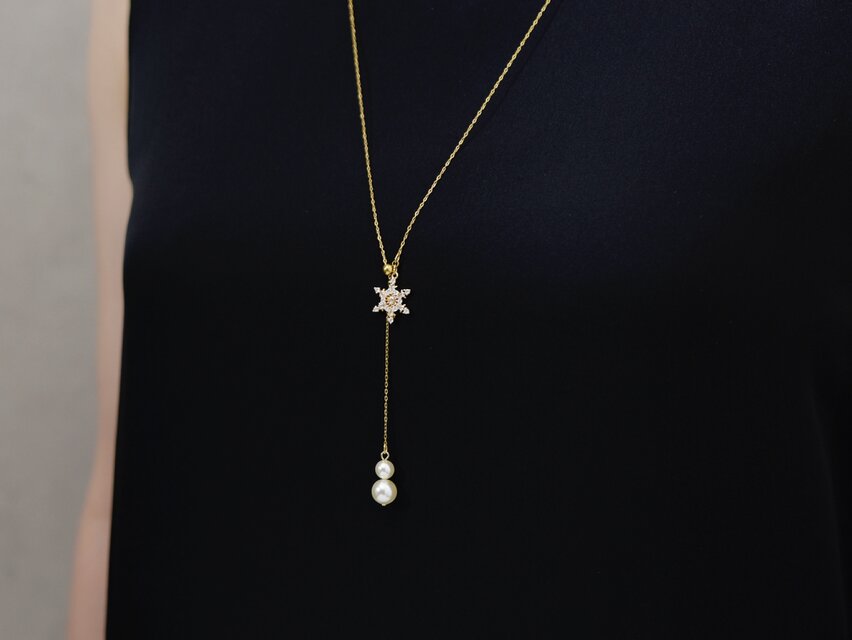 冬限定【14kgf ロングネックレス】雪の結晶・雪だるま パール 簡単つけ