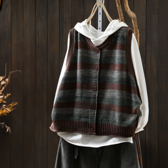 受注｜ニットベスト 綿.コットン カジュアル 通勤通学 羽織り トップス 秋冬ストライプ オーバーサイズ 重ね着