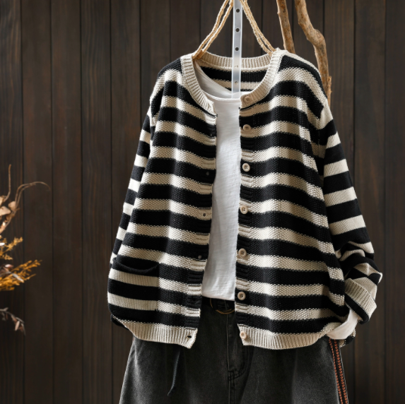 受注｜コットン.綿ニットストライプカーディガン カラーブロック ゆったり レトロ 彩り糸 カジュアル 通勤通学 秋冬