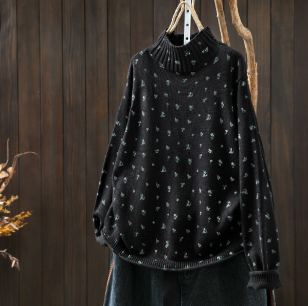 受作｜綿.暖かい 花柄カジュアルセーター ハイネックニットセーター コットン 秋冬 リラックスフィットトップス