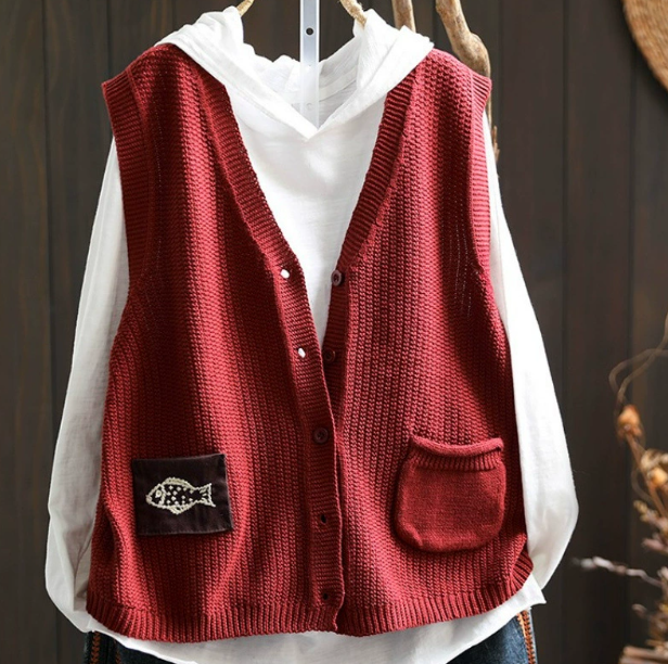 新作｜Vネックのコットンニットベスト 春秋イテム おしゃれなノースリーブカーディガン