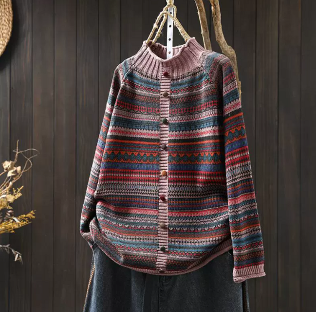 新作｜カラフルボタン ストライプ ニットセーター レディース オーバーサイズ トップス