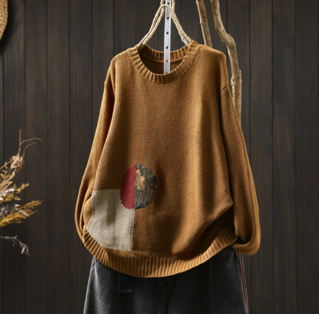 新作｜ ニットトップス カラーブロック パッチワーク オーバーサイズ プルオーバー おしゃれ
