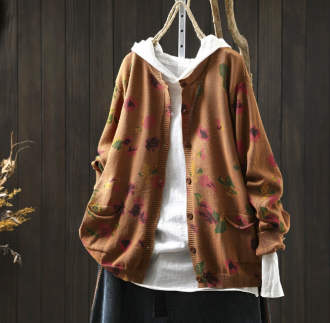 新作｜ カーディガン ニット プリント ゆったり 2ポケット オープンき トップス 秋
