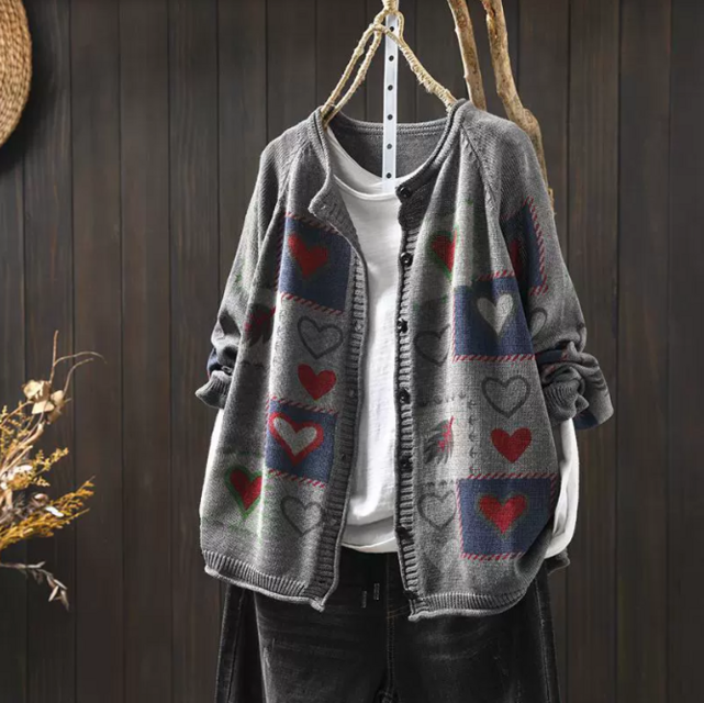 新作｜ ハートプリント カーディガン コットンニット 長袖 羽織り トップス