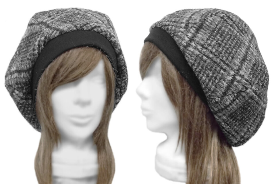 ゆったりルーズ・リブ付ベレー帽◆イタリア製 グレンチェック柄ウール混フランネルニット／グレー系　◇寒い季節におすすめ・小顔効果◇