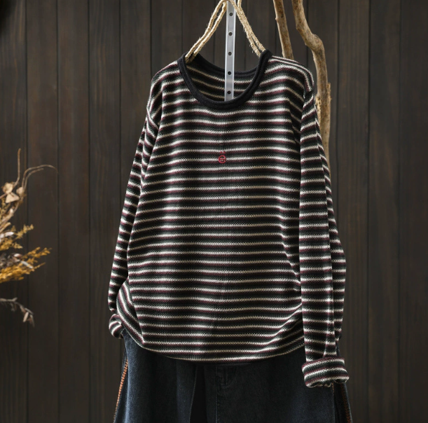 新作｜刺繍＆ストライプレディース ゆったり ニットセーター 秋