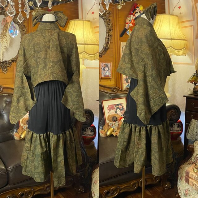 着物 ハンドメイド ワンピース 和洋折衷 ドッキング コラージュ リメイク 切り替え コーラル菊×ペールピンク O-75 和洋折衷 レトロ 古着 着物 ハンドメイド コラージュ リメイク 和
