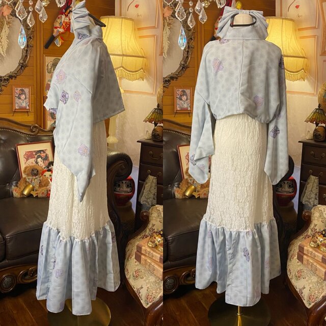 着物 ハンドメイド ワンピース パーティー ドレス 和洋折衷 コラージュ リメイク 切り替え 白地に抽象的な筆描き風の花模様 O-82 着物 ワンピース パーティー ドレス 和洋折衷 コラージュ リメイク
