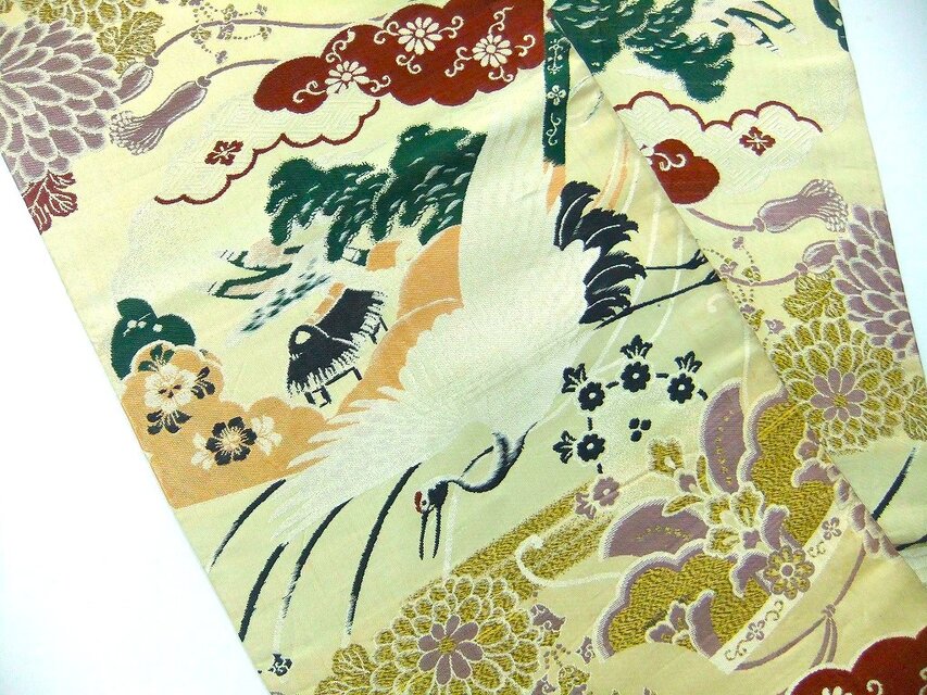 16)2391】206cm/アンティーク帯・鶴菊吉祥文様/タペストリー・テーブル