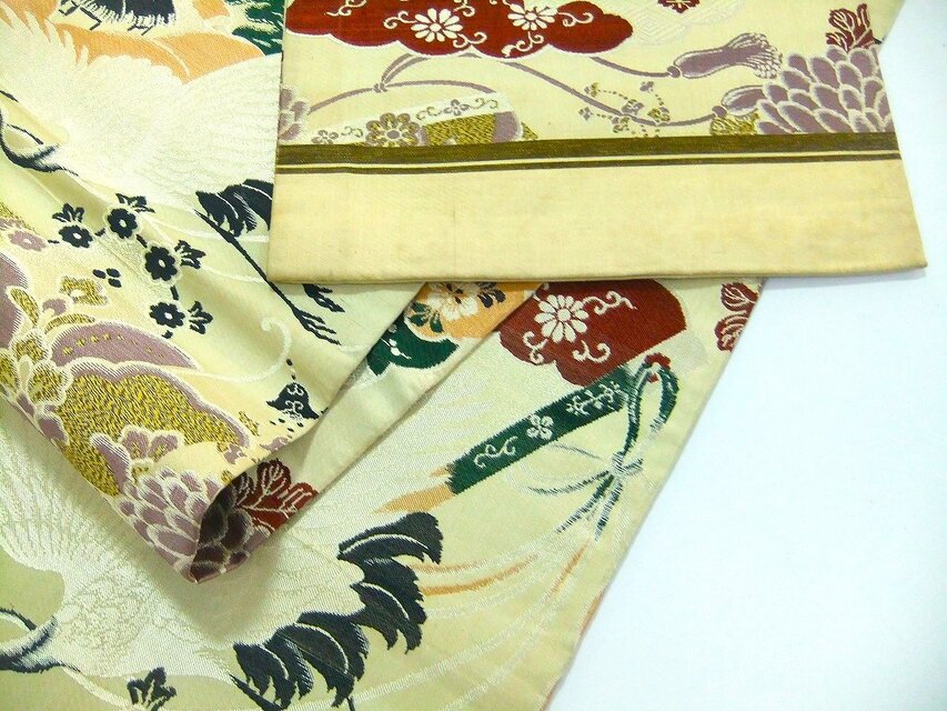 16)2391】206cm/アンティーク帯・鶴菊吉祥文様/タペストリー・テーブル