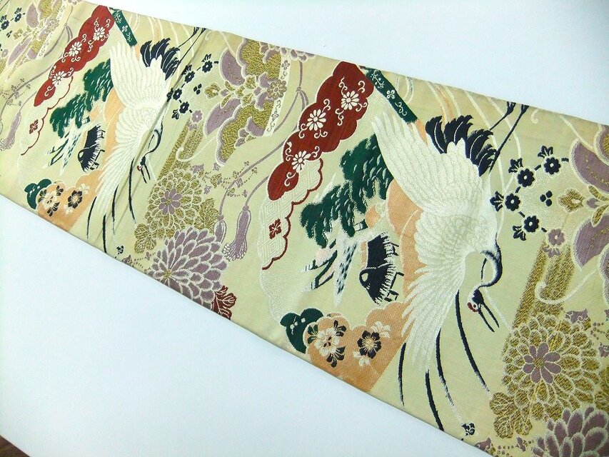 16)2391】206cm/アンティーク帯・鶴菊吉祥文様/タペストリー・テーブル