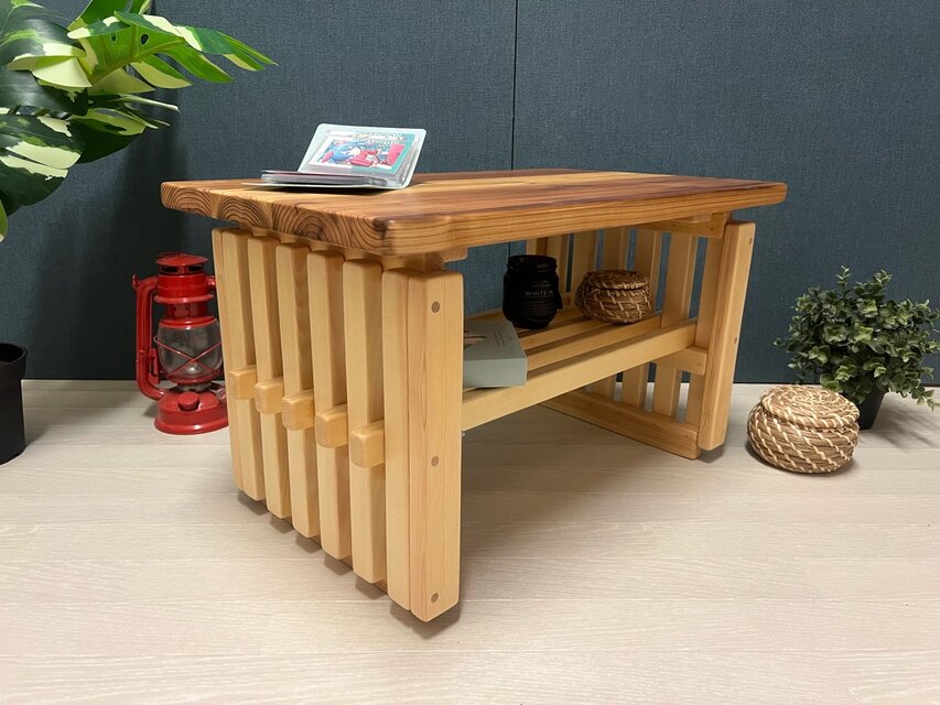 送料無料】 ローテーブル 和風 木組縦格子 収納付き60cm 35cm 杉