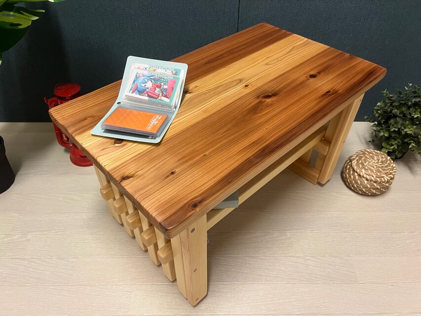 送料無料】 ローテーブル 和風 木組縦格子 収納付き60cm 35cm 杉