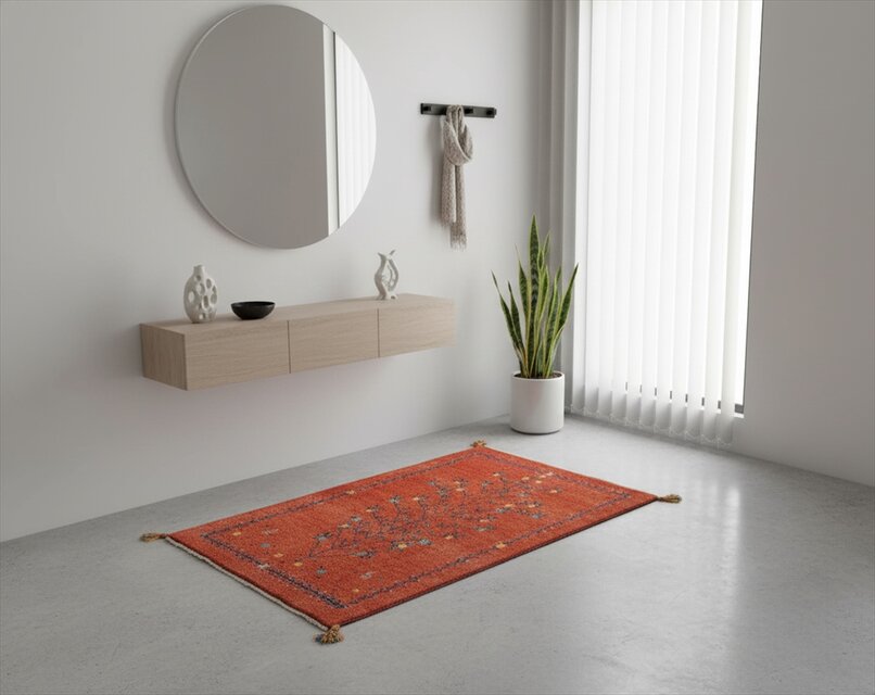 ペルシャ　ギャッベ ソファ前　120×83 茜色　生命の木　花 ペルシャ ギャッベ ソファ前 120×83 茜色 生命の木 花 玄関マット