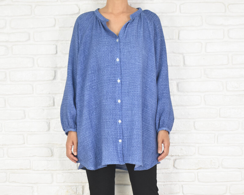 柔らかなコットンダブルフェイス長袖スキッパーボタンシャツ　ヴィンテージブルー