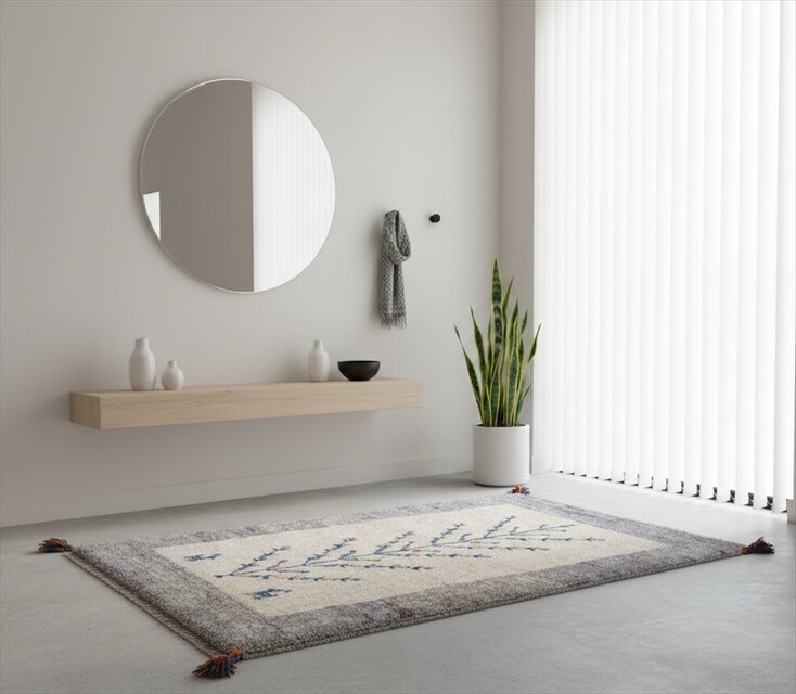 ペルシャ ギャッベ 玄関マット ラグ 90x63㎝ 生命の木 アイボリー Gray