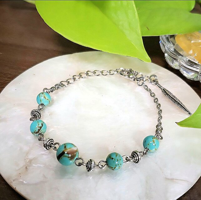 シェル入りターコイズ‪✯‬ブルー シルバーアクセデザイン✮ブレスレット No.579