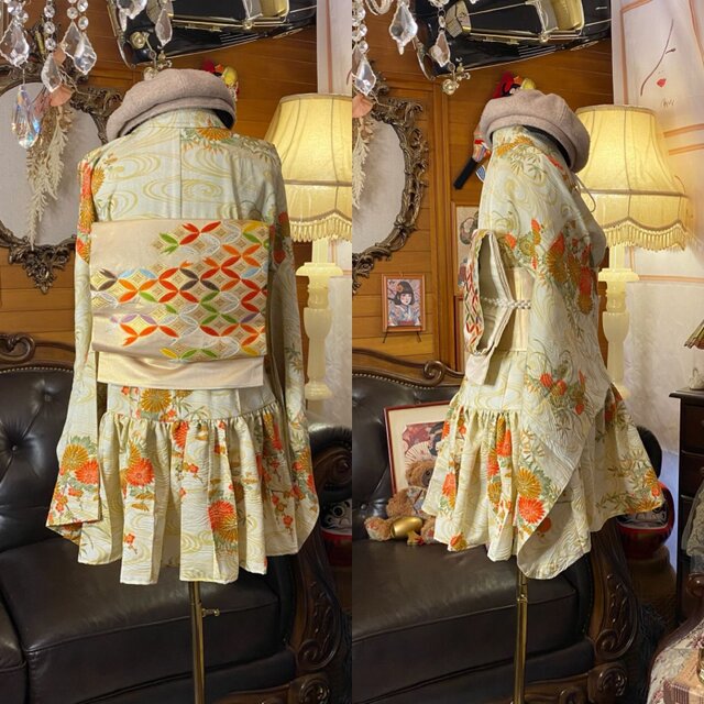 単衣 着物 ミニ丈 ワンピース ドレス 和ロリ 2部式作り帯 名古屋帯
