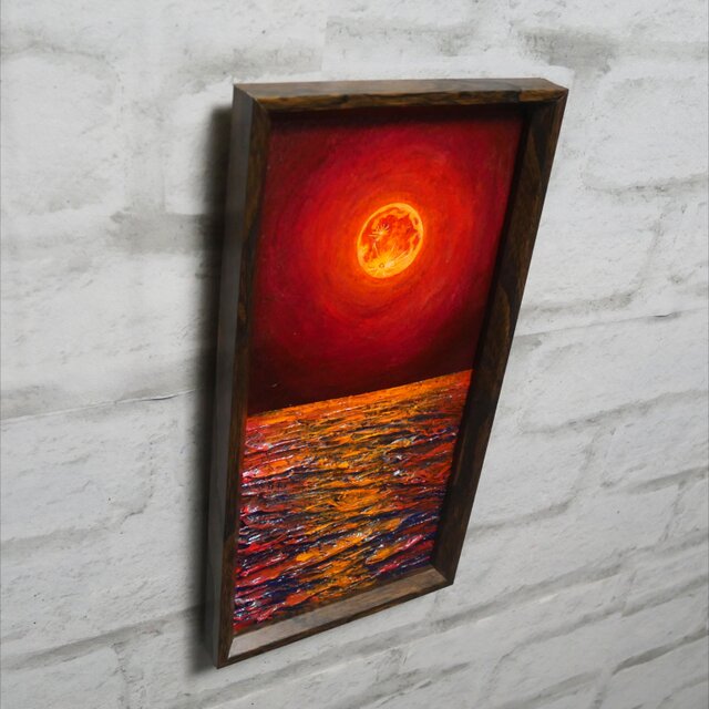 油絵 油彩 油彩画 絵 絵画 長方形ミニ絵画【オレンジ色の満月】 油絵 長方形ミニ絵画【オレンジ色の満月】 | iichi 日々の暮らしを