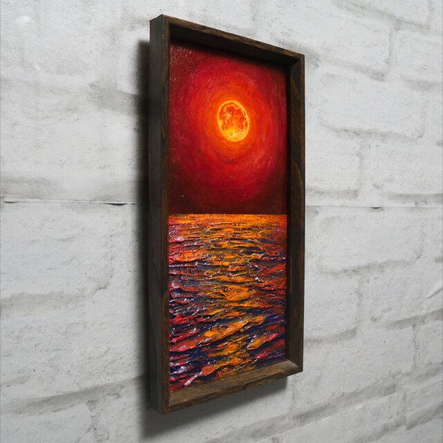 油絵 長方形ミニ絵画【オレンジ色の満月】 | iichi 日々の暮らしを