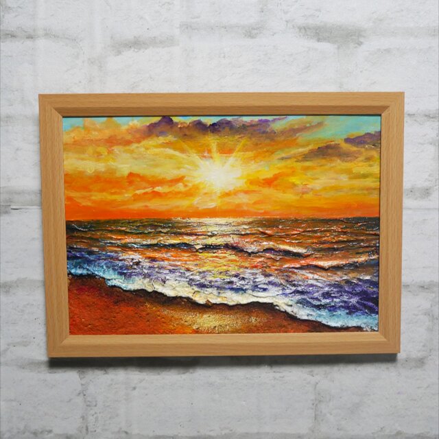 油絵【夕日に染まる海】