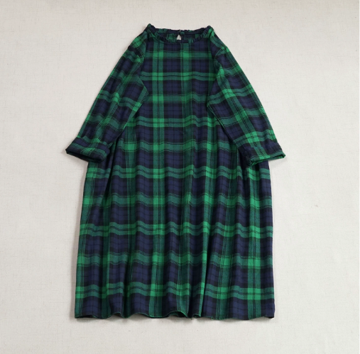 【受注製作】綿ワンピース グリーンチェック｜フリルカラー ゆったり プルオーバー ロング