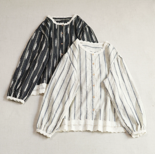 【受注製作】綿.刺繍フリル襟 トップス レディース 丸首 ボタン開閉 ゆったり ベーシック