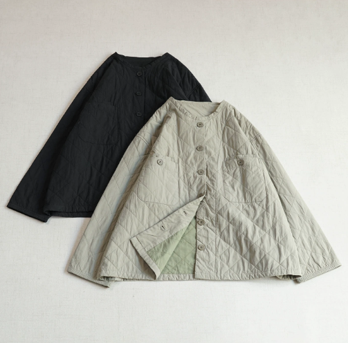 【受注製作】綿.秋 キルティングシャツ スタンドカラー 薄手 り ゆったり 羽織り