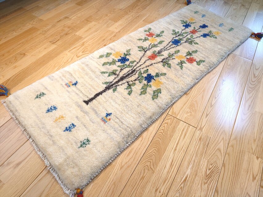 104x44cm ペルシャギャッベ ランナー (ギャベ) ペルシャ絨毯 ギャッベ ペルシャ ギャッベ ランナー中 ラグ 140×52㎝ 生命の木 ベージュ Gray