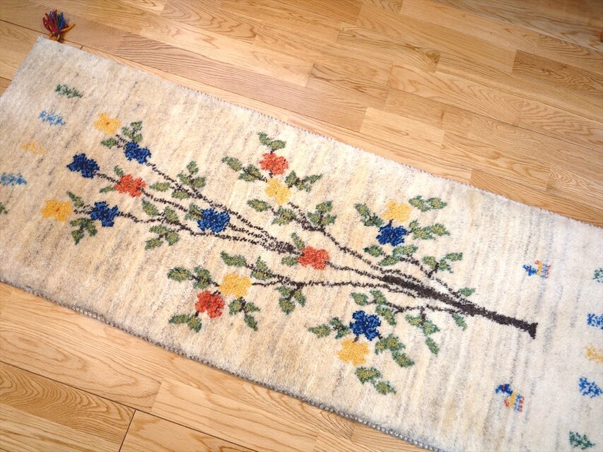 ペルシャ ギャッベ ランナー中 ラグ 140×52㎝ 生命の木 ベージュ Gray