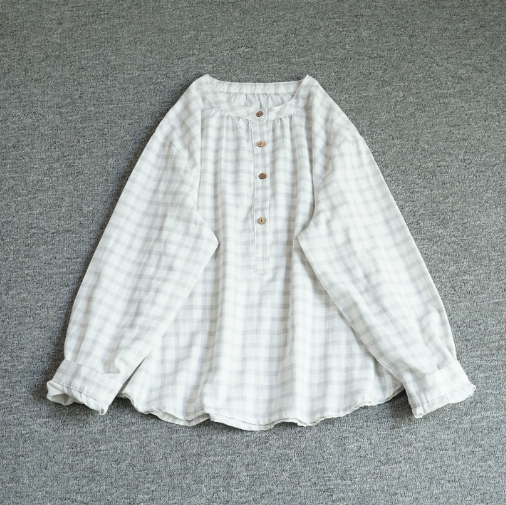 【受注製作】 ダブルガーゼ シャツ スタンドカラー チェック オーバーサイズ