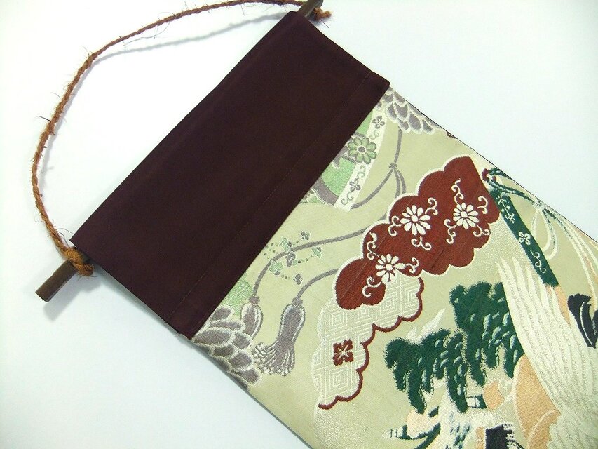 16)2393】和柄タペストリー・28×88cm/鶴菊文様/アンティーク帯リメイク