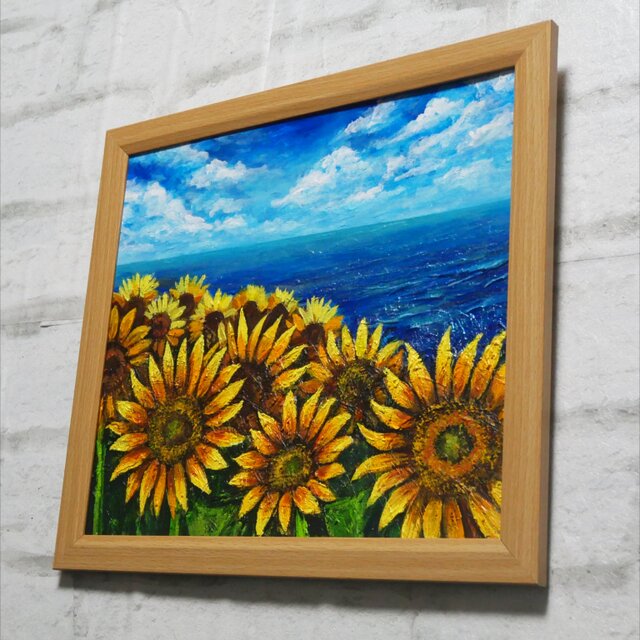 油絵 油彩 油彩画 絵 絵画【海とひまわりのハーモニー】 油絵【海とひまわりのハーモニー】 | iichi 日々の暮らしを心地よく