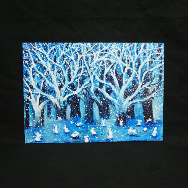 人物画　油絵　ハンドメイド　手書き　アンティーク　レトロ　冬 油絵【冬の林と兎たち】 | iichi 日々の暮らしを心地よくする