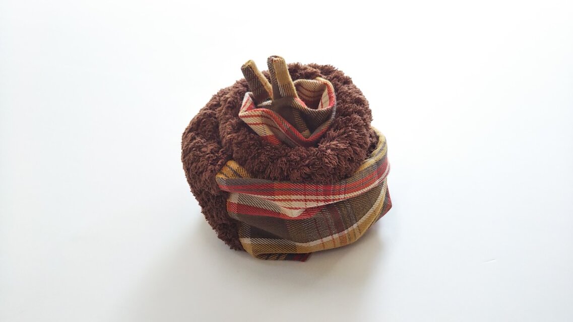 剣先マフラー  パイナップルボア×コットンチェック 茶 ① 約145cm