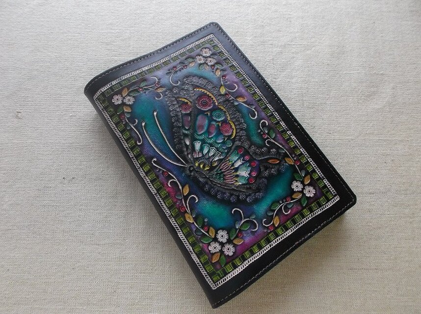 新書ブックカバー  牛革拭き染め