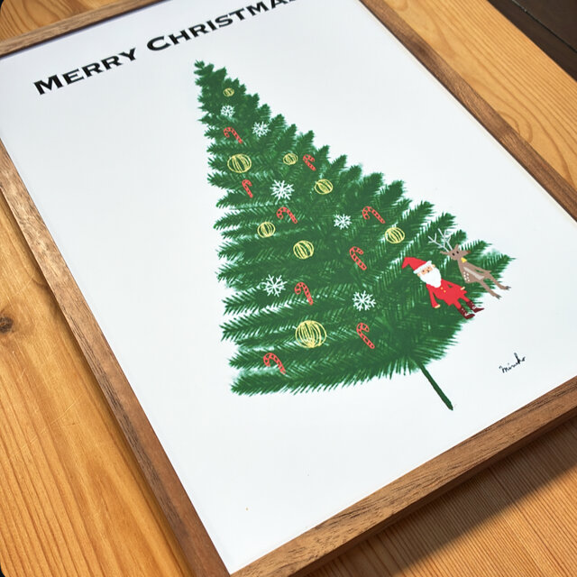 おっきいクリスマスツリーとサンタとトナカイのクリスマスポスター