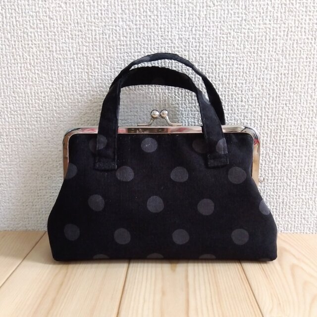 トートバッグ型　大きめがま口ポーチ　16.5cm口金　通帳ケース　お薬手帳ケース　ドット　ブラック　490